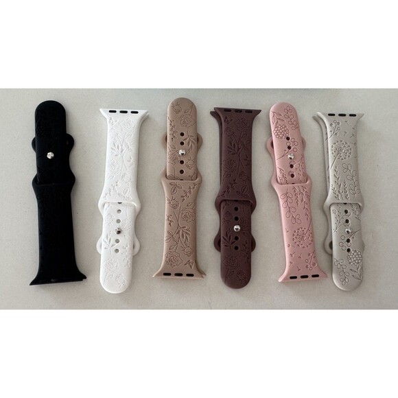 Accessories - Flower Engraved Band Compatible Apple Watch Bands Silicone Floral 38 40 41mm 6pk